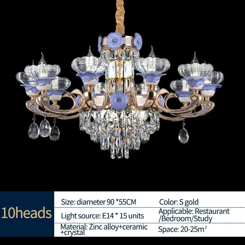 Ornate blue and gold decorbites crystal candle chandelier with ten ceramic flower lights and teardrop crystals for staircase lighting