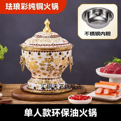 Ornate blue and white enamel copper hot pot with floral pattern gold trim and brass handles for kitchen cookware