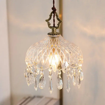 Ornate brass and decorbites crystal glass led pendant lights with clear teardrop crystals for bedroom decor