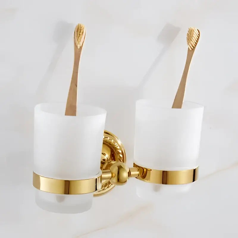 Ornate decorbites brass gold double toothbrush holder with frosted glass cups in gold bathroom hardware set