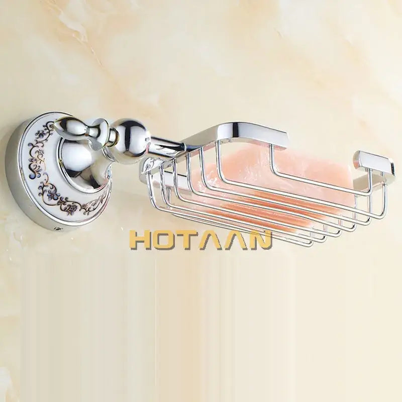 Chrome-finished ornate brass gold soap dish with decorative wall mount and wire mesh ceramic holder for bathroom use