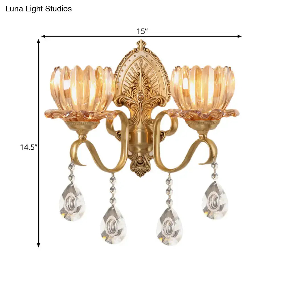 Ornate brass lotus wall sconce with gold-toned frame, three amber glass shades, crystal pendants, compatible with e14 bulb