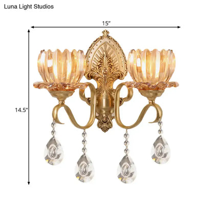 Ornate brass lotus wall sconce with gold-toned frame, three amber glass shades, crystal pendants, compatible with e14 bulb