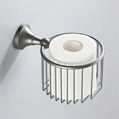 Silver-toned metal toilet paper holder with cylindrical wire basket design as part of ornate brushed nickel gray bathroom accessories set