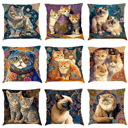 A collection of nine ornate decorbites cat design linen pillowcases featuring rich colors and detailed illustrations for living room decor