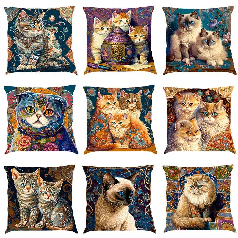 A collection of nine ornate decorbites cat design linen pillowcases featuring rich colors and detailed illustrations for living room decor