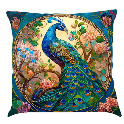 Ornate cat design linen pillowcase featuring a vibrant peacock and floral patterns on deep teal for living room decorbites cat design