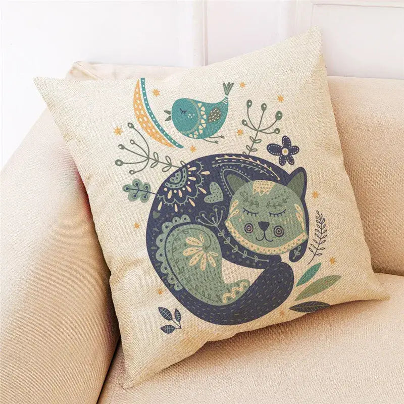 Beige linen design linen pillowcase featuring decorbites cat design with sleeping green cat and teal bird for living room decor