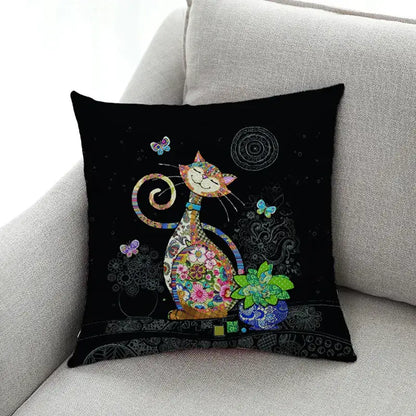 Black cushion with colorful patchwork cat featuring floral patterns and butterflies in decorbites cat design linen pillowcase