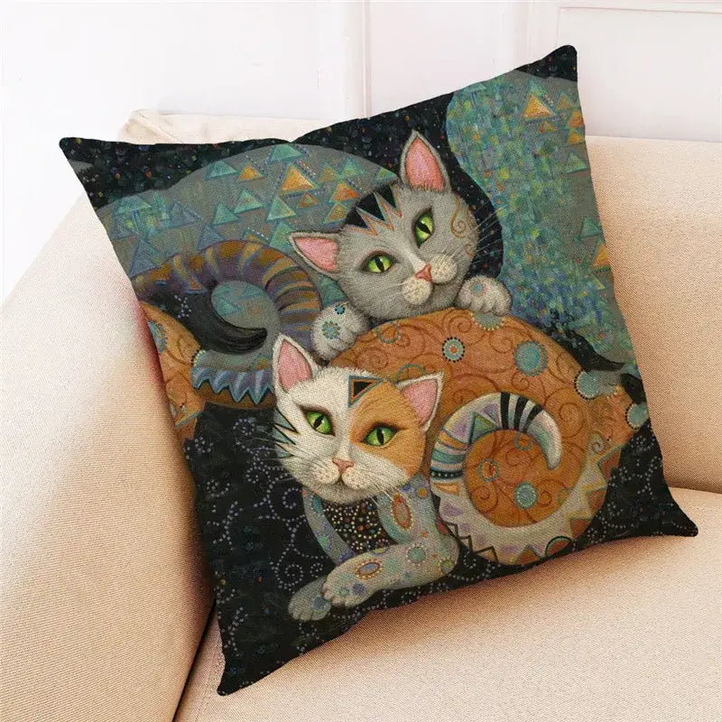 Square linen pillowcase with ornate cat design featuring gray and calico cats on dark geometric decorbites cat design cover