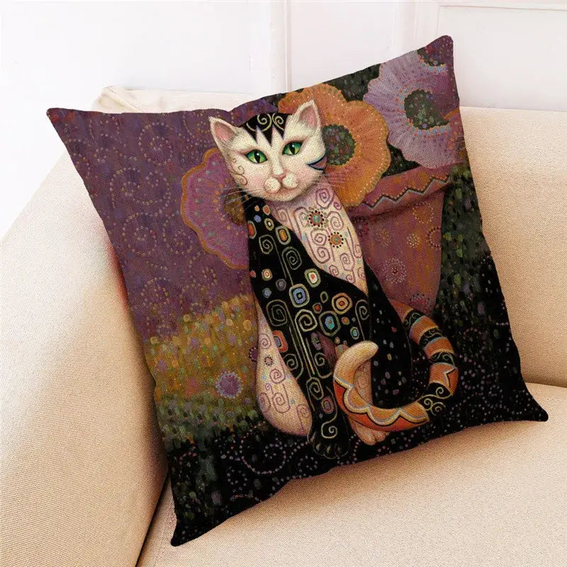 Ornate square cat design linen pillowcase in black and cream with green eyes featuring art nouveau patterns decorbites cat design