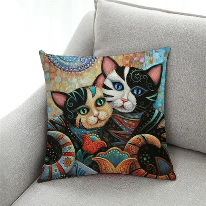 Ornate cat design linen pillowcase featuring vibrant black white orange teal and red decorbites cat design for living room decor