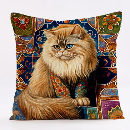 Ornate cat design linen pillowcase featuring a fluffy long-haired cat with heterochromatic eyes for living room decorbites cat design