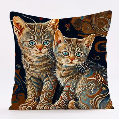 Square cat design linen pillowcase with ornate tabby kittens in blue eyes and earthy tones for living room decorbites cat design