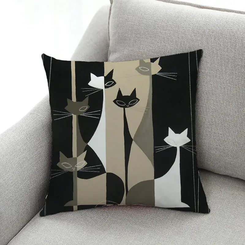Ornate decorbites cat design linen pillowcase with black beige white abstract cats on vertical striped living room cushion cover