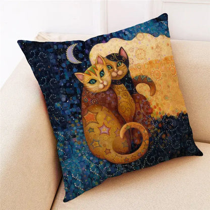 Square cushion with vibrant ornate cat design linen pillowcase featuring two cats against a starry night sky decorbites cat design