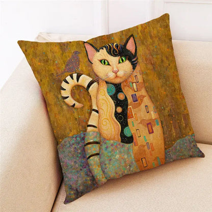 Square throw pillow with decorbites cat design in warm orange black on cat design linen with gold background for living room