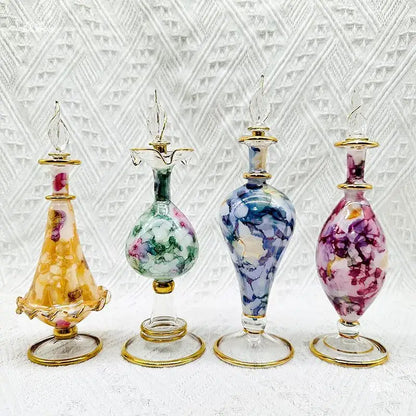 Ornate colorful glass bottle jewelry ornaments featuring gold-toned glass bottle accents and floral patterns for bedroom decor