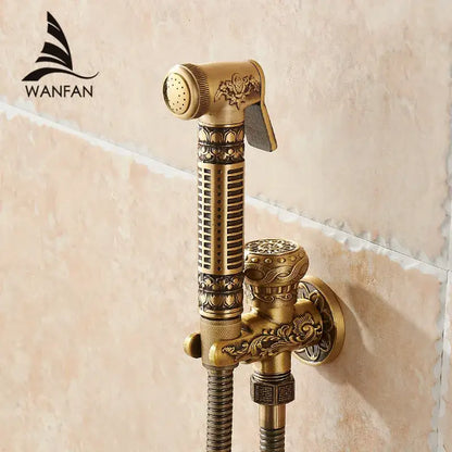 Ornate engraved gold brass wall mounted bidet faucet with intricate floral and geometric embossing for bathroom decorbites brass wall use