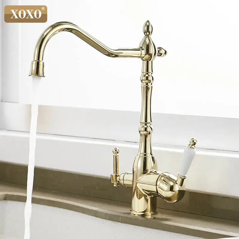 Ornate gold and white decorbites kitchen faucet mixer tap with ceramic handles and vintage curved spout design