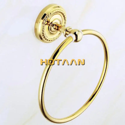 Ornate gold brass towel ring with polished finish and braided mounting plate from decorbites brass bathroom accessories set