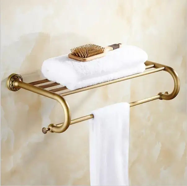 Antique brass bathroom towel rack with decorative scroll design and dual-tiered shelf from decorbites copper carved set