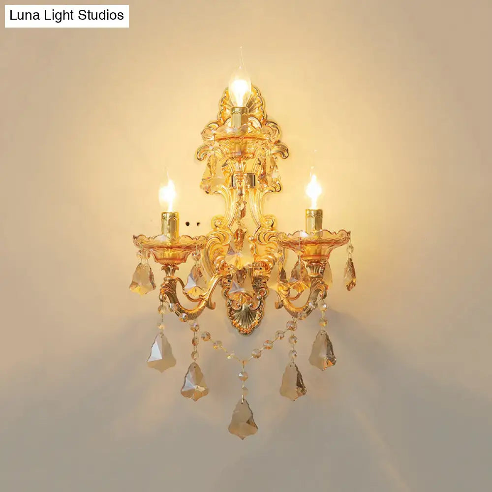 Ornate gold crystal 3 light metal fixture living room sconce with candle-style bulbs and crystal droplets inch fixture