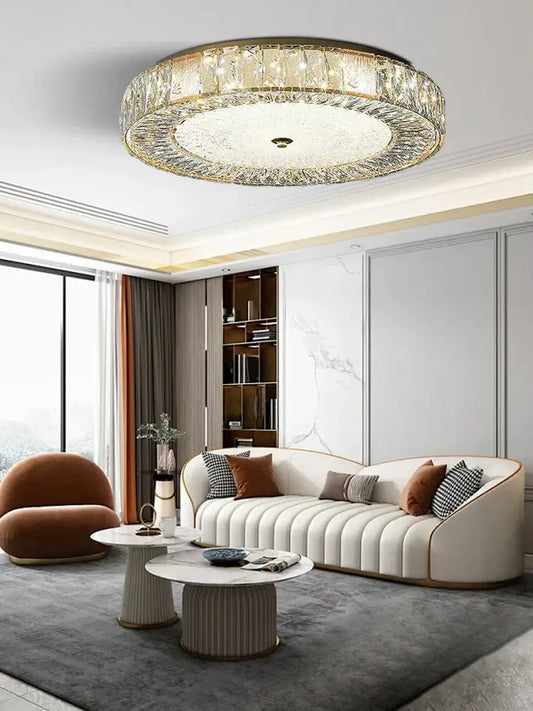 Ornate gold-toned ceiling light with decorbites crystal glass tiers featuring clear faceted crystals for bedroom and living room