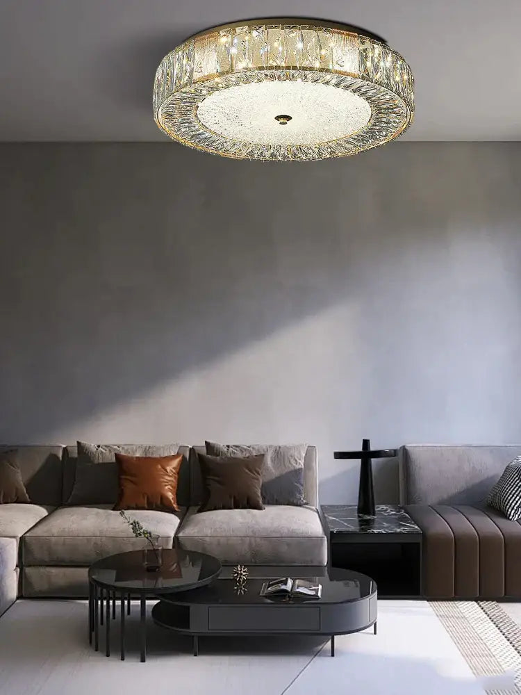Ornate gold decorbites crystal glass ceiling light with faceted crystal rings for bedroom and living room decor