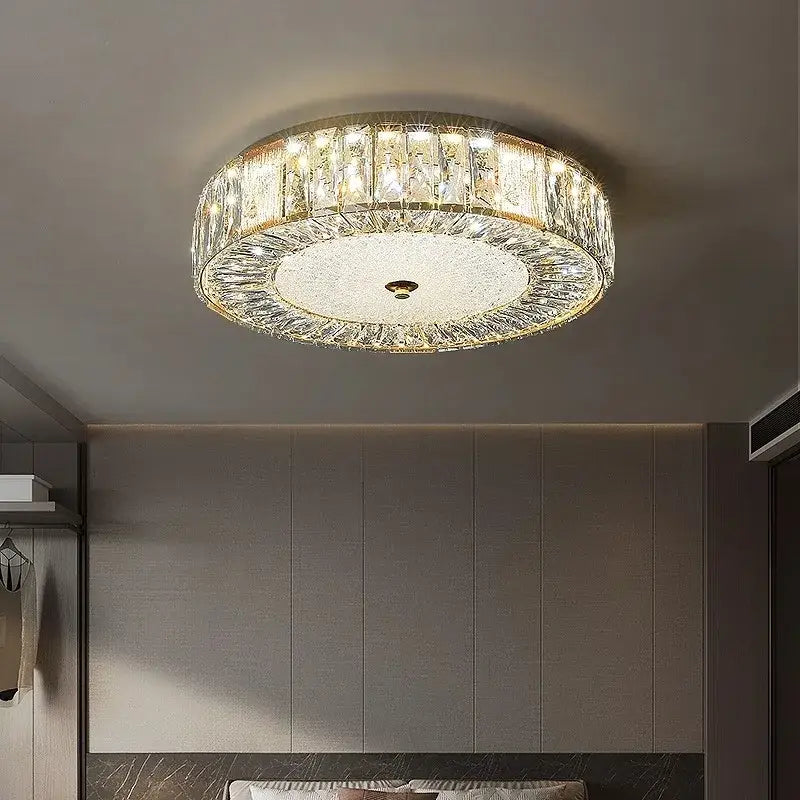 Ornate gold decorbites crystal glass ceiling light with circular frame and faceted crystals for bedroom and living room decor