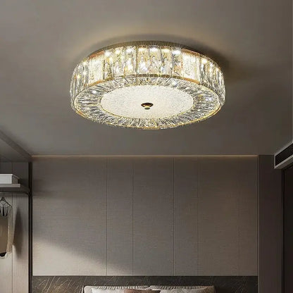 Ornate gold decorbites crystal glass ceiling light with circular frame and faceted crystals for bedroom and living room decor