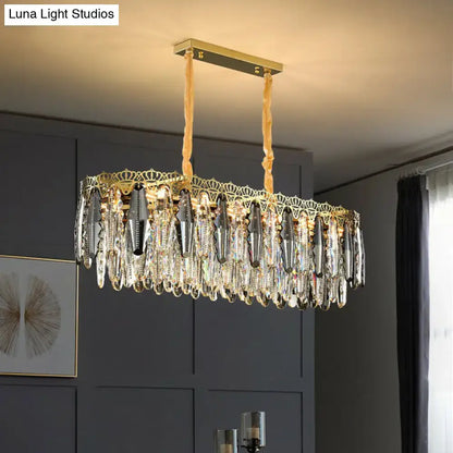 DecorBites™ gold-toned minimalist crystal leaf pendant light with clear crystal teardrop pendants and elegant fixture width