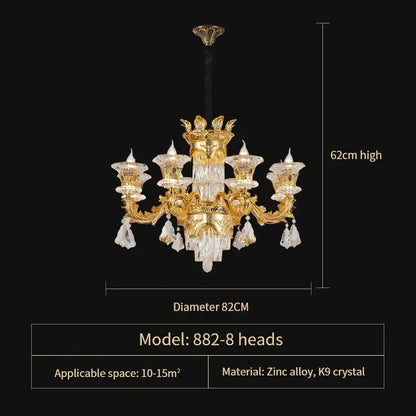 Ornate gold decorbites crystal chandelier with intricate detailing and dangling k9 crystal droplets for luxury living room