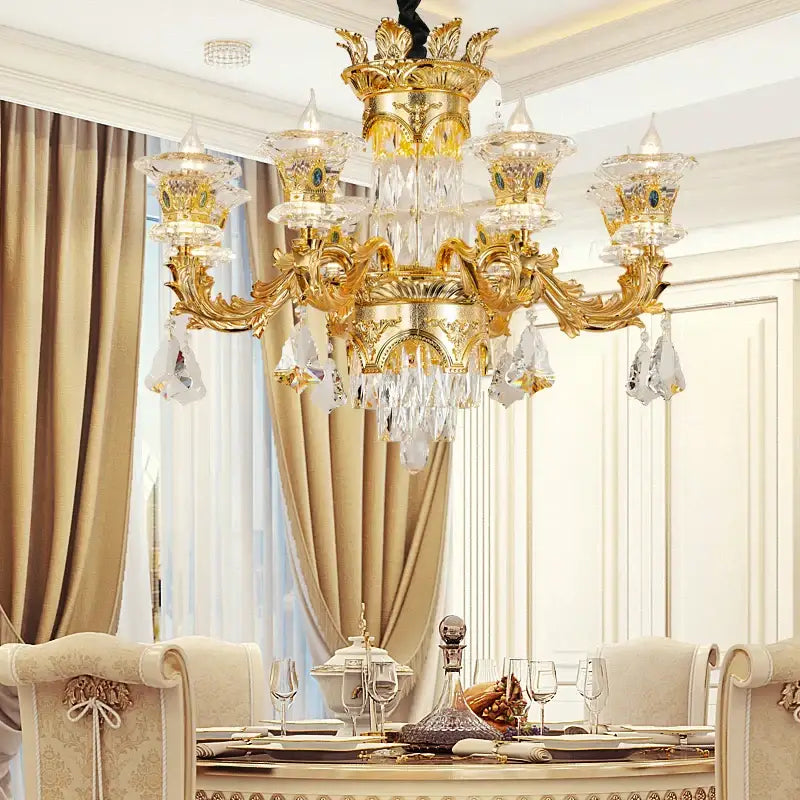 Ornate gold decorbites crystal chandelier with decorative glass shades and crystal droplets for luxury living room decor