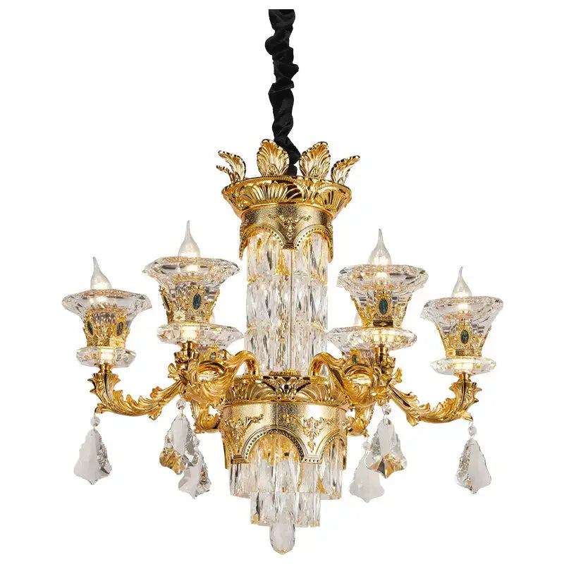 Ornate gold decorbites crystal chandelier with crystal droplets and intricate detailing for luxury living room decor