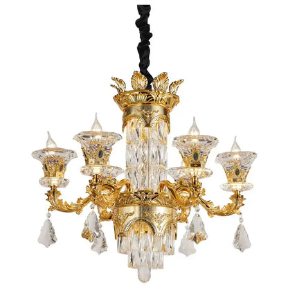 Ornate gold decorbites crystal chandelier with crystal droplets and intricate detailing for luxury living room decor