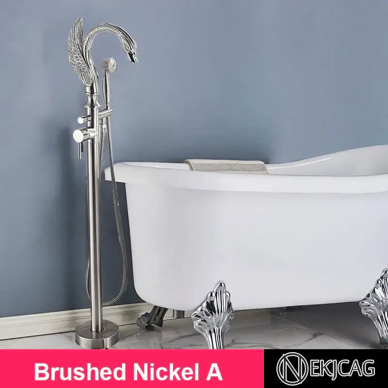 Brushed nickel decorbites gold swan freestanding bathtub faucet with ornate detailing and handheld showerhead