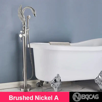 Brushed nickel decorbites gold swan freestanding bathtub faucet with ornate detailing and handheld showerhead