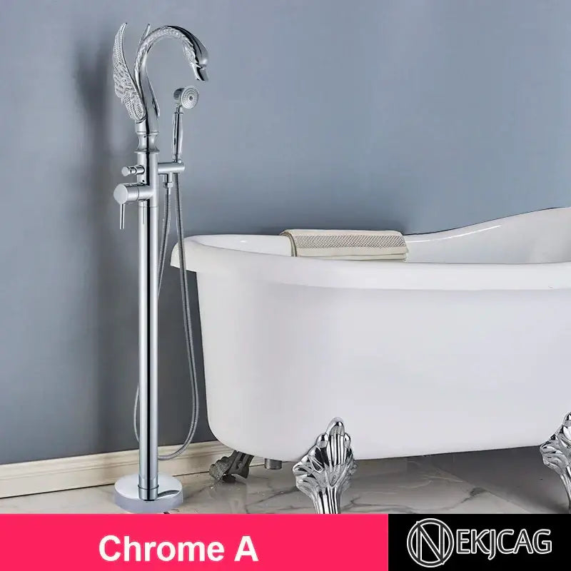 Chrome-finished freestanding bathtub faucet with ornate winged spout and handheld showerhead for gold swan decorbites bathroom