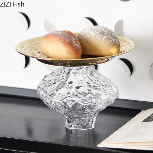 Ornate gold glass fruits bowl dessert plate with a textured faceted base and an elegant rim for dining room use