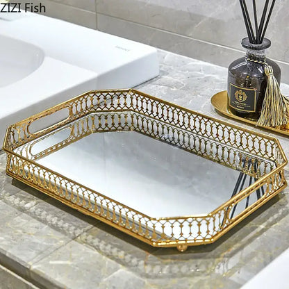 Ornate gold mirror glass storage tray with intricate lattice edges and mirrored interior for bedroom jewelry decor