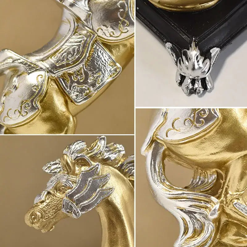 Ornate decorbites golden horse sculpture in gold and silver with intricate detailing for living room decor
