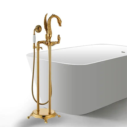Ornate gold swan bathtub mixer with dragon-head faucet and matching handheld showerhead for luxury bathroom decorbites gold swan