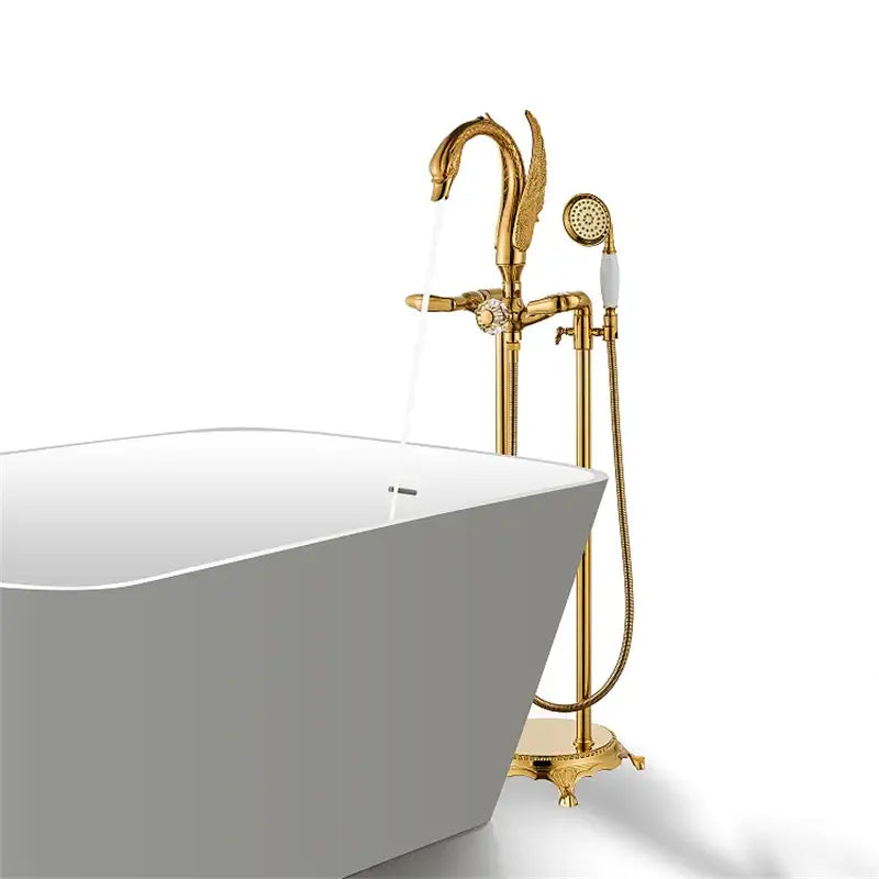 Ornate gold swan bathtub mixer with handshower featuring intricate detailing for luxury bathroom decorbites gold swan