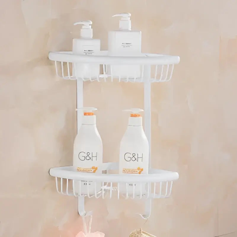 White plastic two-tiered bathroom shelf with wire mesh design from ornate gold and white decorbites bathroom accessories set