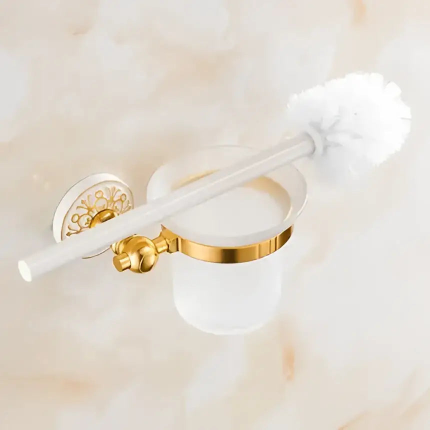 Ornate gold and white floral bathroom accessories set with gold-accented toilet brush holder frosted glass cup decorbites bathroom accessories