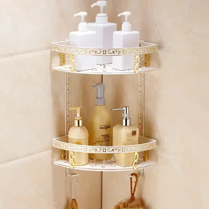Ornate gold and white floral corner shower caddy with three tiers holding toiletries from decorbites bathroom accessories set