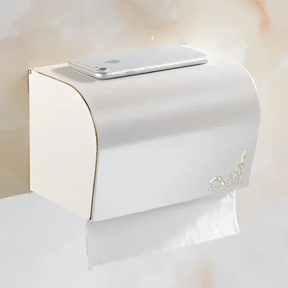 White metallic toilet paper holder with gold floral detailing and curved design from decorbites bathroom accessories set