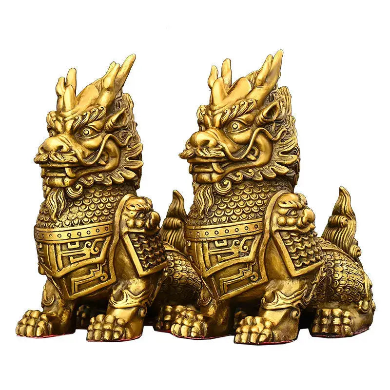 Ornate golden brass copper unicorn ornaments featuring chinese guardian lion statues with intricate dragon-scale armor