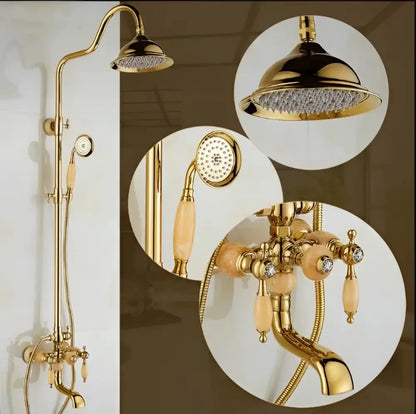 Ornate golden brass bath shower set with fixed rainhead and handheld spray head featuring crystal accents